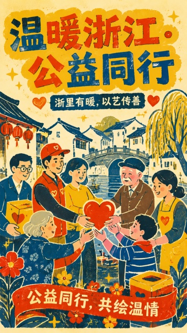 复古版画撞色插画风格公益海报，紧扣主题"温暖浙江・公益同行"，展现浙江社区公益爱心传递场景，一群不同年龄的普通人手牵手传递爱心，背景融入浙江江南民居元素，情感真挚构图饱满，版式精美，核心广告语：主标题预览效果