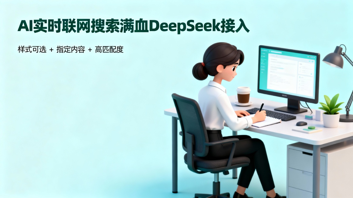 帮我生成图片：主体元素：右侧描绘一位一位穿着白衬衫 + 黑裤的女性，正坐在办公桌前，一边用电脑一边手写记录，桌上还有咖啡、绿植、台灯等办公常用物品，细节贴近日常工作场景；左侧为文字区域，顶部以深绿色预览效果