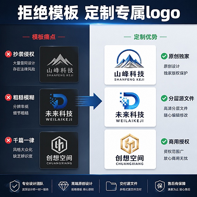 [主图-2] logo设计痛点与解决场景，激发用户需求。
[氛围风格] 现代化对比风，清晰直观有冲击力
[画质] 商业设计质感、对比分明、画面干净高级、细节丰富
[元素] 画面采用左右分栏对比结构，左侧展示劣质模板logo的常见问题：模糊粗糙、侵权风险、风格不符，用红色叉号标注；右侧展示我们设计的精致原创logo：清晰分层、风格匹配、原创独家，用绿色对勾标注。中间用箭头指向右侧，表达升级解决。背景保持深蓝浅灰统一配色体系。商品主体占比严格控制在75%左右，画面满屏无边框。
[光影] 左右分区光照均匀，对比区域明暗区分，重点突出右侧优质结果，光影干净通透无杂乱阴影。
[配色] 主色调深蓝+浅灰，左侧用浅红做警示，右侧用浅绿做正向引导，整体配色协调统一。
[视角构图] 平视对比构图，左右平衡，重点引导到右侧解决方向。
[文字版式] 顶部主标题“拒绝模板 定制专属logo”，居中浅蓝底白字大字；左侧小标题“模板痛点”红色小字，罗列“抄袭侵权 粗糙模糊 千篇一律”；右侧小标题“定制优势”绿色小字，罗列“原创独家 分层源文件 商用授权”，文字排版清晰，分区不遮挡主体对比。
[输出要求] 1:1 比例，文字清晰可辨，超高清商业设计质感。
[负向提示词] 变形，文字错乱，logo模糊，背景杂乱，水印，电商平台Logo，绝对化违禁词，联系方式，二维码