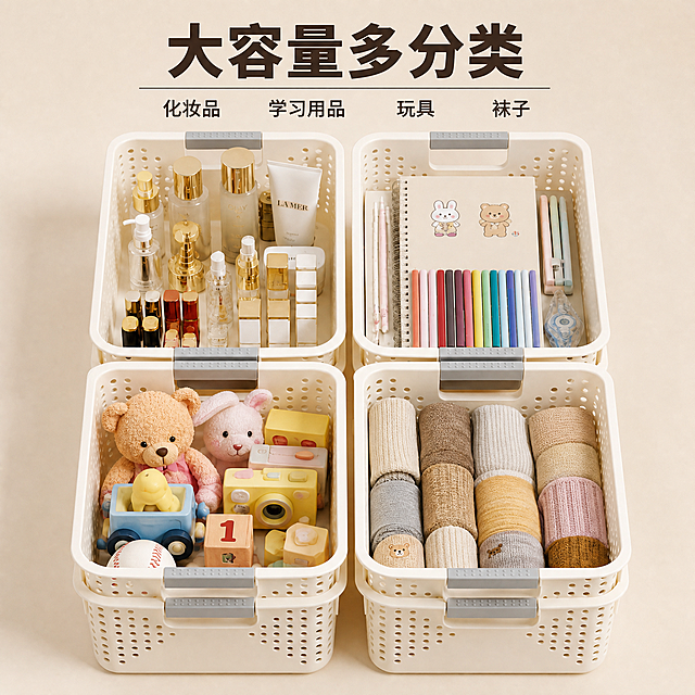 [主图-2] 收纳篮大容量满载分类展示图
[氛围风格] 温暖家居自然光 整洁有序 高效收纳感
[画质] 商业摄影质感 光线柔和通透 产品清晰真实 画面干净高级 超高清细节
[元素] 米白色塑料镂空收纳篮四个并排摆放，分别装满不同类别的物品，展示大容量分类收纳效果。左上篮装满各类化妆品瓶罐整齐排列，右上篮装满彩色笔和笔记本等学习用品，左下篮装满毛绒玩具和儿童积木，右下篮装满卷好的袜子和内衣。收纳篮保持原产品外观：米白色镂空篮身、灰色防滑把手、圆角包边、圆孔透气设计，物理结构、材质质感、颜色与输入产品图完全一致，杜绝任何变形和色差。商品主体占比约75%。背景为浅米色纯色背景，简洁干净突出产品。画面满屏无边框。
[光影] 顶部均匀柔光照明，侧光勾勒篮身圆孔镂空纹理，底部柔和投影，整体明亮通透，物品清晰可见，体现满载仍整齐的效果。
[配色] 主色暖白米色系；辅色灰色把手；强调色深棕文字。
[视角构图] 正俯视角度，四个收纳篮呈2x2矩阵排列，对称构图，视觉中心在画面中央。
[文字版式] 顶部居中主标题"大容量多分类"深棕色粗体无衬线最大号，下方细分隔线。标题下方四个分类标签横向排列："化妆品""学习用品""玩具""袜子"，深棕色中等字号，均匀分布。文字清晰可读，不遮挡产品主体。
[输出要求] 1:1比例 2048*2048像素 文字清晰锐利 超高清商业摄影质感
[负向提示词] 变形 文字错乱 产品图模糊 背景杂乱 水印 电商平台Logo 多余的手 多余的手指 畸形手 融合手指 手部扭曲 肢体穿模 人物面部扭曲 关节反折