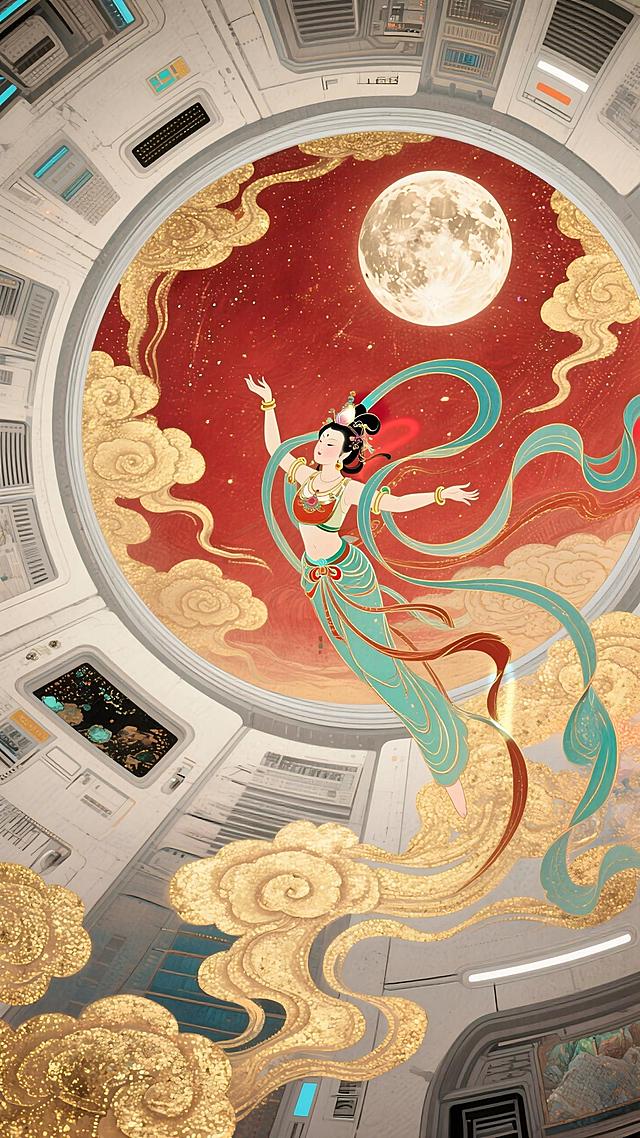 极致的仰视视角超强纵深透视，螺旋环绕构图，祥云环绕贯穿整个画面，现代的空间站内部，嫦娥呈敦煌飞天姿势从空间站内向红色调的月星空飞去，满月，超强透视