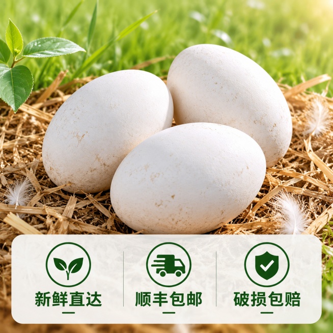 [主图-5] 服务承诺转化图，展示核心售后保障
[氛围风格] 简洁信任风，突出服务保障打消下单顾虑
[画质] 清晰干净，商业宣传质感
[元素] 画面主体左上角展示三个完整带壳新鲜鹅蛋，背景保留浅淡自然预览效果