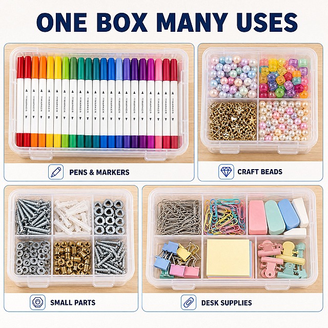 [主图-4] Clear Stackable Storage Boxes with Lids — See-Through Organizer Cases for Pens Markers Craft Supplies and Small Parts 多场景应用图。唯一任务：用非对称四格展示可收纳的四类不同物品，拓展使用场景；本图不重复透明可视说明与材质微距。
[统一基调] 明亮通透的桌面收纳电商信息图；暖白与浅灰白底、原木桌面与浅灰柜内为环境色；主标题深海军蓝，辅助文案中灰，强调色清透蓝；全套只用一种几何无衬线粗体字，标题最粗最大、辅助文案缩小五成以上且只变字号层级不换字体；组件统一为 12px 圆角白卡配 1px 浅灰描边与 2px 线性图标；光影统一左上方明亮柔光、产品下方自然接触阴影。
[画面] 暖白底的非对称四格布局，四格均为圆角白卡、缝隙均匀等宽，每格都是盒内装满同一类物品的俯视特写、物品排列整齐不杂乱：左上方大格为盒内整齐排列的彩色马克笔，笔头方向一致；右上方小格为盒内分色的手工串珠与小配件；左下方小格为盒内分类摆放的金属小件与螺帽；右下方小格为盒内收纳的回形针、橡皮与便签夹等桌面小物；每格下方配一个短标签，分别写 "PENS & MARKERS"、"CRAFT BEADS"、"SMALL PARTS"、"DESK SUPPLIES"；主标题 "ONE BOX MANY USES" 放在画面上方留白区。
[光影质感] 四格统一左上方柔光，物品在盒内都有真实接触阴影，透明盒壁呈清透质感，各类物品材质与颜色还原准确、不串色。
[配色] 暖白与浅灰白底；深海军蓝标题、中灰辅助文案；清透蓝只作卡片描边与标签强调色。
[文字版式] 沿用统一几何无衬线粗体；主标题最粗最大且全大写，小格标签缩小五成以上；全部横排，不遮挡主体。
[输出要求] 比例 1:1（2048×2048）；负向：物品堆叠杂乱、串色、盒体变形、重复格子内容、布局失衡、中文文字、错字、模糊、水印、平台 Logo。