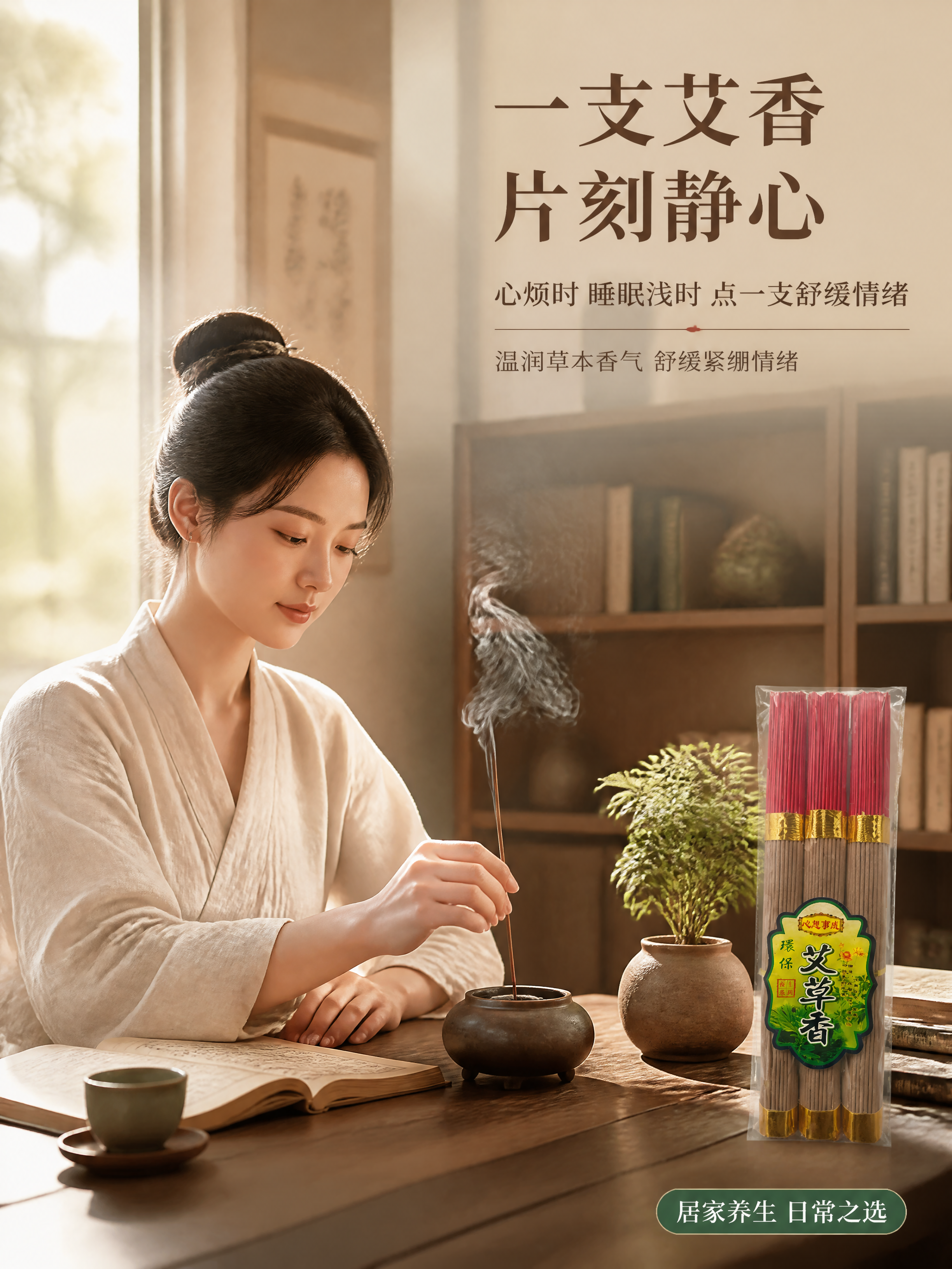 [第6张] 人物使用场景-居家女性书房点香静心氛围。本张使用【… - 图片创意预览