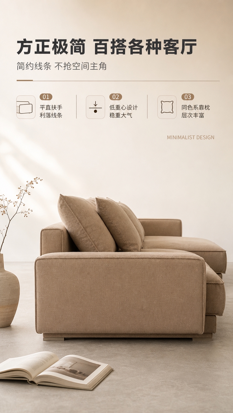 [商品] 使用【图1】卡其色L型布艺沙发；保留方正极简造型、低… - 图片创意预览