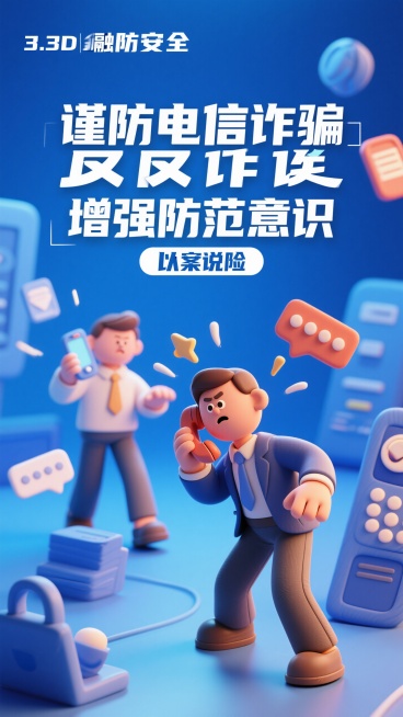 蓝色金融防范海报，3D黏土风反诈画面，主标题文字“谨防电信诈骗 增强防范意识”，副标题文字“以案说险”预览效果