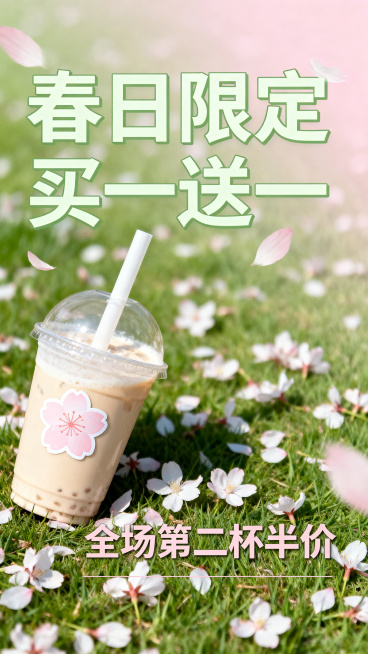 春日奶茶店促销海报，清新治愈风格，淡绿色搭配浅粉色，画面装饰有樱花元素，主标题文字"春日限定买一送一"，副标题文字"全场第二杯半价"，简约排版，高清商业用途，画面干净清新预览效果