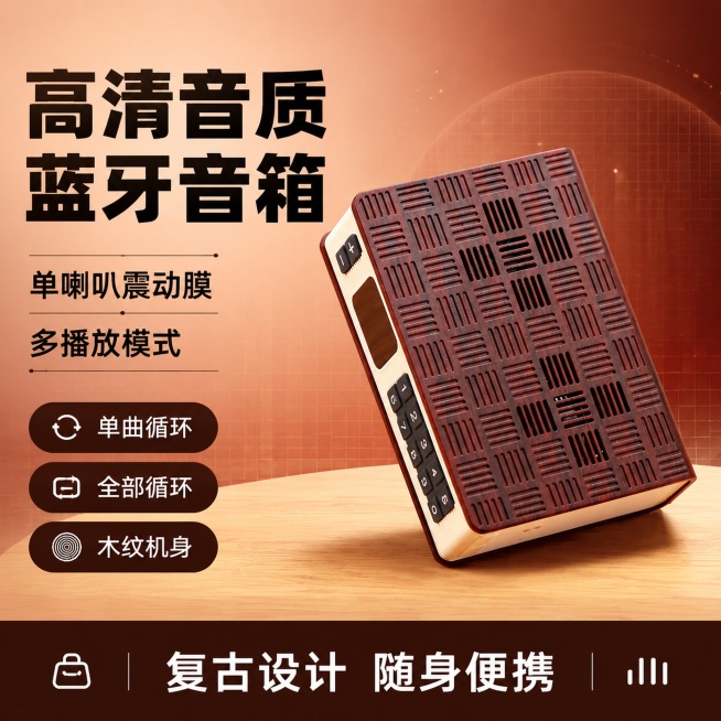 使用电商主图技能生成1张比例1:1的电商主图，适配平台为淘宝/天猫，商品为「图片1」，商品卖点为蓝牙音箱/单曲循环/全部循环，单喇叭/震动膜高清音质预览效果