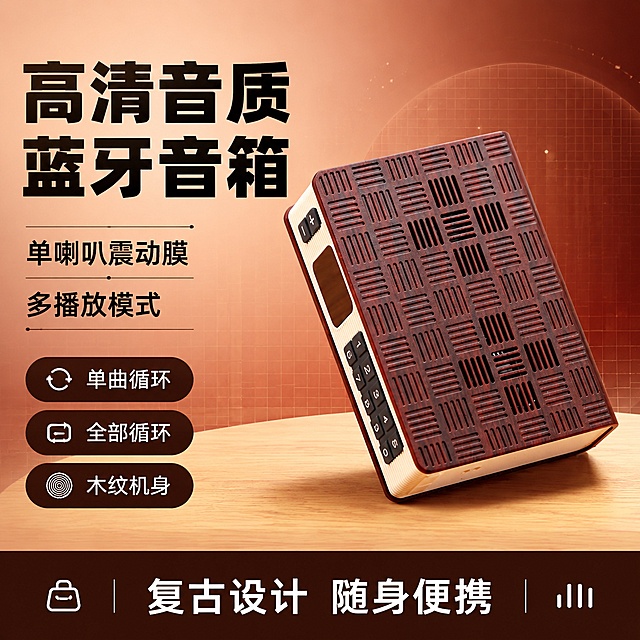 使用电商主图技能生成1张比例1:1的电商主图，适配平台为淘宝/天猫，商品为「图片1」，商品卖点为蓝牙音箱/单曲循环/全部循环，单喇叭/震动膜高清音质