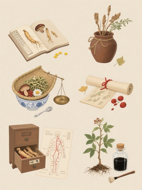 六个系列的中药元素集合，每个元素都采用复古手绘插画风格，以米色为纯色背景，包含以下不同内容：1. 左侧：一本打开的古旧草药书，书页上放着几支人参和灵芝，旁边散落着几颗黄色的药丸；右侧：一个棕色陶罐，里面插着几支干枯的艾草，罐口系着麻绳。2. 左侧：一个竹编簸箕，里面装满了晒干的金银花和菊花，旁边放着一个小铜秤；右侧：一张卷起来的草药图谱，用红绳系着，旁边散落着几片银杏叶。3. 左侧：一个青花瓷……预览效果