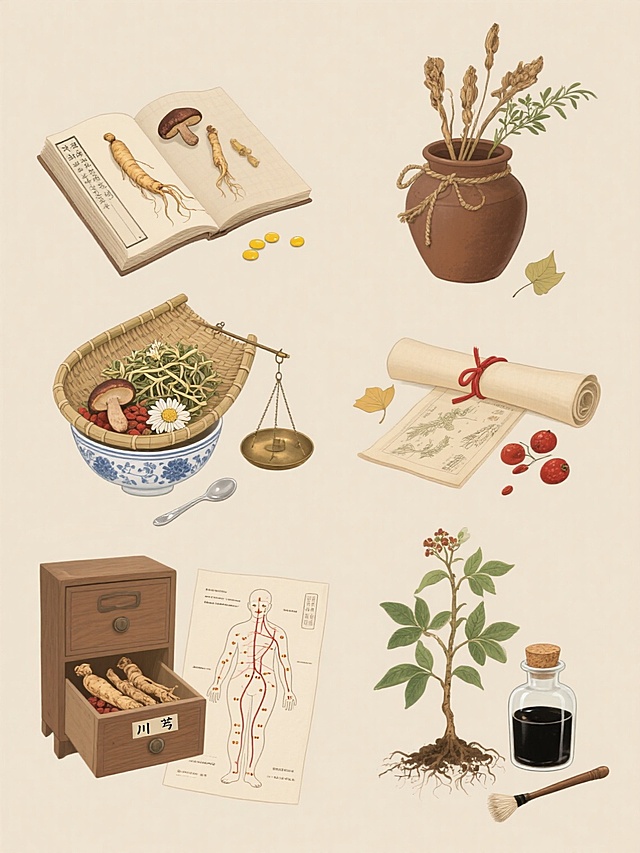 六个系列的中药元素集合，每个元素都采用复古手绘插画风格，以米色为纯色背景，包含以下不同内容：1. 左侧：一本打开的古旧草药书，书页上放着几支人参和灵芝，旁边散落着几颗黄色的药丸；右侧：一个棕色陶罐，里面插着几支干枯的艾草，罐口系着麻绳。2. 左侧：一个竹编簸箕，里面装满了晒干的金银花和菊花，旁边放着一个小铜秤；右侧：一张卷起来的草药图谱，用红绳系着，旁边散落着几片银杏叶。3. 左侧：一个青花瓷碗，碗里盛着当归和枸杞，旁边放着一把小银勺；右侧：一棵手绘的草药植株，根部带着泥土，叶片翠绿，旁边有几颗红色的果实。4. 左侧：一个木质药柜抽屉，抽屉上贴着“川芎”的标签，里面露出几支川芎根茎；右侧：一个玻璃药瓶，里面装着黑色的药膏，瓶口用软木塞封着，旁边放着一支小毛刷。5. 左侧：一张手绘的人体经络图，图上用红线标出穴位，旁边放着几根银针；右侧：一个小竹篮，里面装着薄荷和藿香，篮子把手处系着蓝色布条。6. 左侧：一个铜制药炉，炉口冒着热气，旁边放着一把蒲扇；右侧：一张写着草药配方的泛黄纸张，纸上放着几支甘草和黄芪，旁边散落着几颗褐色的种子。所有元素排布规整，线条细腻，色彩以棕色、绿色、红色为主，呈现出古朴自然的氛围，无任何文字、LOGO、电话地址及二维码。