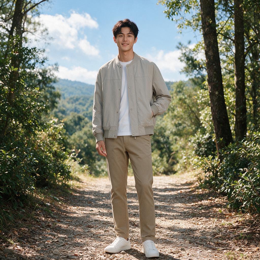 阳光帅气的年轻男模特穿着这件浅灰色棒球服夹克，在户外徒步场景中… - 图片创意预览