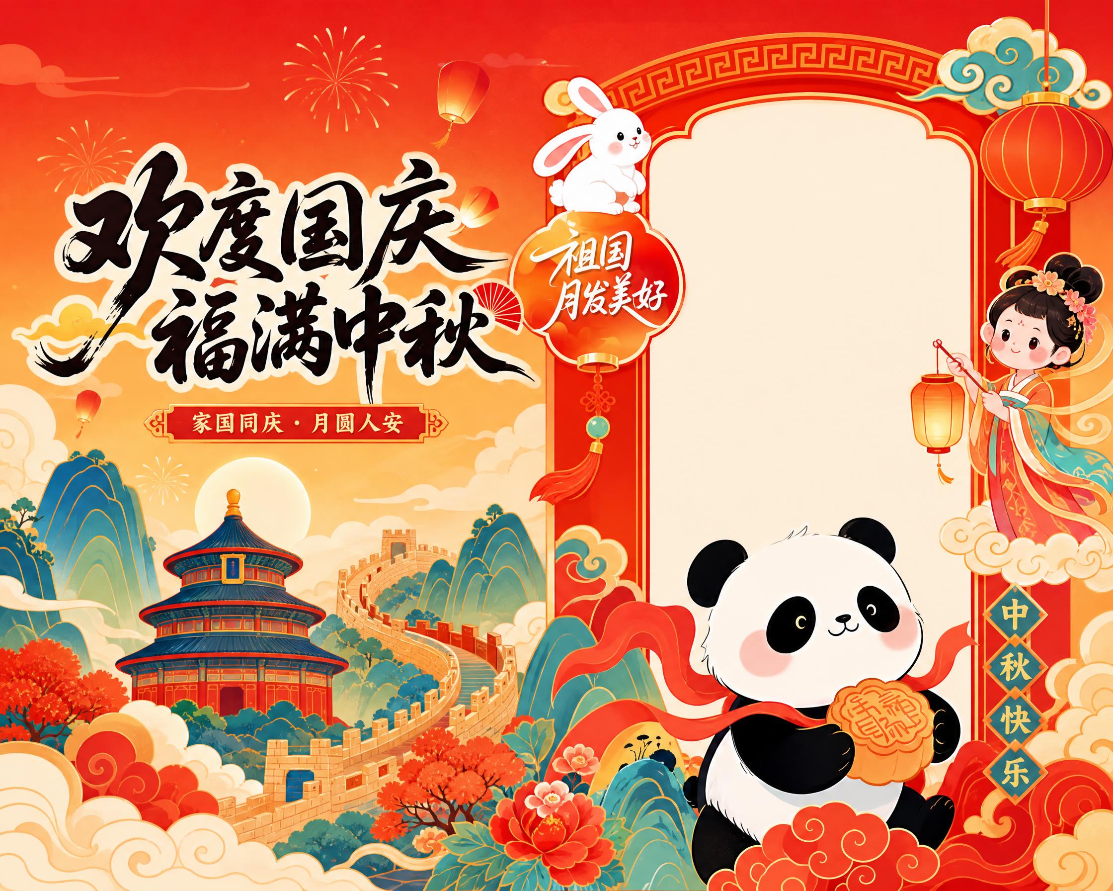 国潮插画风格的节日拍照框设计，红橙暖色调，喜庆热闹氛围。画面左… - 图片创意预览