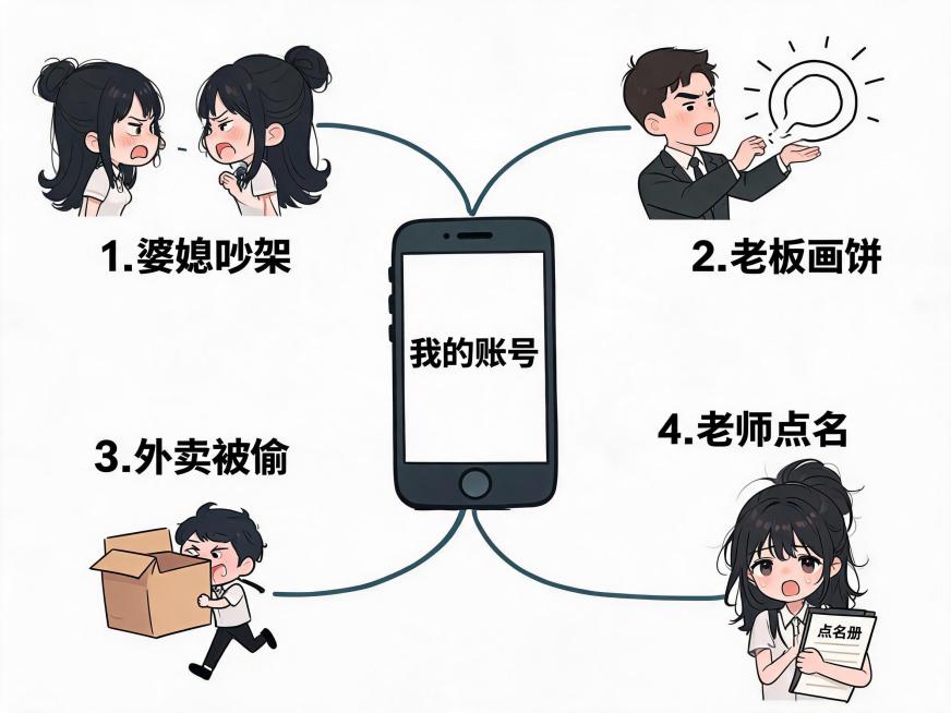 Hand-drawn mind map for content creation topics, centered on a smartphone labeled "我的账号", with four预览效果