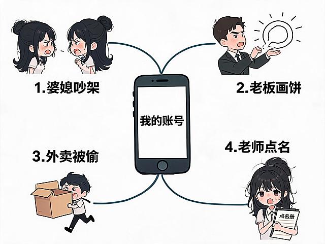 Hand-drawn mind map for content creation topics, centered on a smartphone labeled "我的账号", with four branches: 1. 婆媳吵架, 2. 老板画饼, 3. 外卖被偷, 4. 老师点名. Cute hand-drawn style, light weight information graphic, sticky note simple design. Same girl character style as reference.