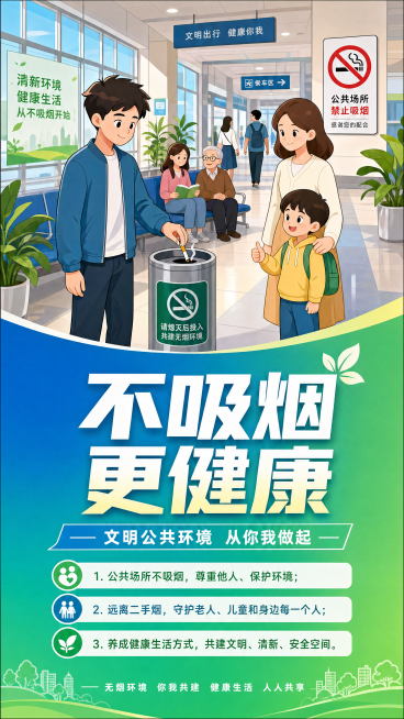 设计竖版安全宣传展板，比例高度2米宽度1米，上方是文明健康公共场所不吸烟的卡通漫画，下方是文字宣传健康生活理念，风格参照参考图，版式为上漫画下文字，标题为"不吸烟 更健康"，整体为公益安全教育宣传风格预览效果