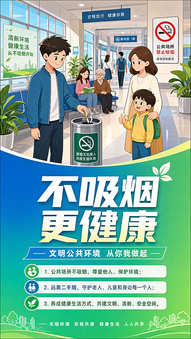 设计竖版安全宣传展板，比例高度2米宽度1米，上方是文明健康公共场所不吸烟的卡通漫画，下方是文字宣传健康生活理念，风格参照参考图，版式为上漫画下文字，标题为"不吸烟 更健康"，整体为公益安全教育宣传风格，积极健康，符合规范要求