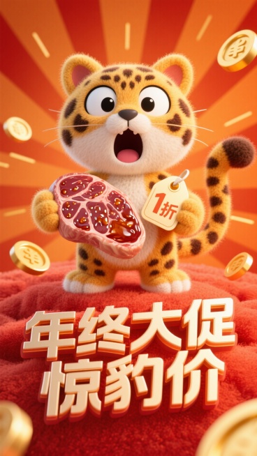一只卡通豹子惊讶表情，拿着一个带价格标签“1折”的牛排，促销感橙红背景，放射线、金币元素点缀，画面下方3D文字标签“年终大促 惊豹价”。预览效果