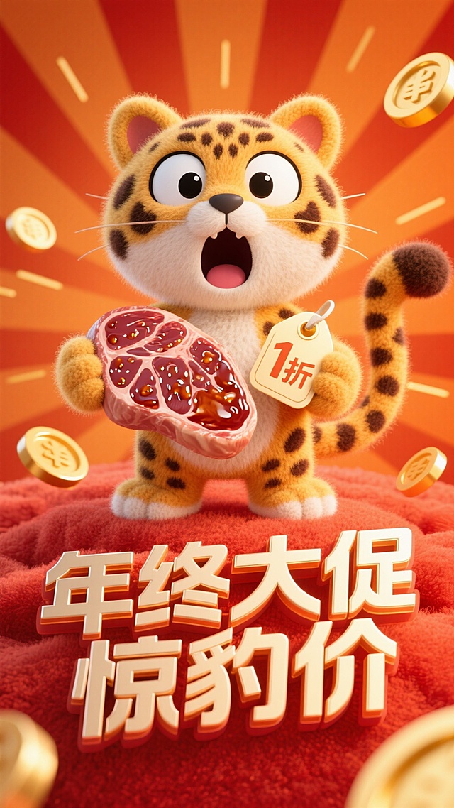 一只卡通豹子惊讶表情，拿着一个带价格标签“1折”的牛排，促销感橙红背景，放射线、金币元素点缀，画面下方3D文字标签“年终大促 惊豹价”。