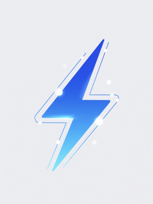 简约现代风格闪电元素图案，单一闪电元素居中规整排布，纯蓝色闪电，闪电边缘锐利清晰，内部有渐变光效，闪电周围有细小的蓝色线条装饰和白色光点点缀，背景为纯白色，整体造型简约，设计感强，符合现代设计美学。预览效果