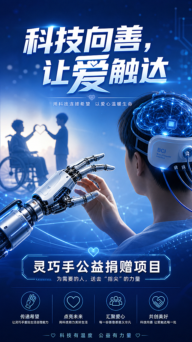 脑机接口灵巧手捐赠公益海报，科技蓝风格，画面展示精密的机械灵巧手连接脑机接口设备，上方有醒目标题文字"科技向善，让爱触达"，下方标注"灵巧手公益捐赠项目"，整体温暖科技感，适合公益宣传
