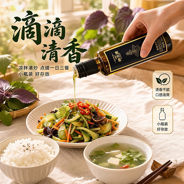 图生图：基于输入的产品图生成拼多多电商主图第 5 张。[主图-5] 桦南源 紫苏籽油 —— 家庭餐桌使用场景图，唯一任务：把产品放进一日三餐的真实语境，凸显“滴滴清香”。[统一基调] 拼多多国内食品主图，健康原产地商业摄影风格；背景主色暖米白与浅木色，环境色为紫苏田暖绿与暖阳光斑；标题字色深墨绿，深底处换米白；强调色金黄；主标题统一使用粗笔刷国风书法体，辅助文案统一使用细黑体，字号层级分明；信息组件统一为圆角半透明米白卡片配细金线，引线为极细墨绿虚线；整体暖阳逆光、通透油润。[画面] 第一人称视角俯视约 45 度，浅木餐桌铺一块米白亚麻桌布；画面中心偏右是一盘清爽的中式凉拌时蔬与一小碗白米饭，旁边有一只盛好清汤的白瓷碗。一位中国成年女性（约 30 至 40 岁，肤色自然、指甲干净无彩绘）的手部局部入画，倾斜持握产品瓶，金黄紫苏籽油以一条连续细油线淋在凉拌菜上，油线清亮、有真实流动感；手部结构自然，不出现多余手指、畸形手与肢体穿模，不出现人脸。产品保持与输入图完全一致的外观结构材质颜色：深棕避光玻璃、黑色竖纹瓶盖、深蓝金边标签，瓶身呈真实曲面透视与玻璃反光，与手部接触点受力自然。背景为柔焦厨房窗光与紫苏鲜叶，餐具与桌面有真实接触阴影。[光影质感] 自然暖阳侧逆光穿过窗户，油线反光透亮，桌面投影柔和，整体暖调生活感。[配色] 沿用统一视觉，环境色为暖木、米白与紫苏暖绿，仅作环境色。[文字版式] 主标题粗笔刷书法大字“滴滴清香”置于左上负空间；副文案细黑体“凉拌清炒 点缀一日三餐”“小瓶装 好存放”，字号小 50% 以上，横排，不遮挡菜品与产品。[输出要求] 1:1 正方形，2048x2048，文字清晰无错字，产品与菜品清晰。负向：多余手指、畸形手、肢体穿模、产品变形、色差、错字、模糊、杂乱、水印、平台 Logo、绝对化用语。