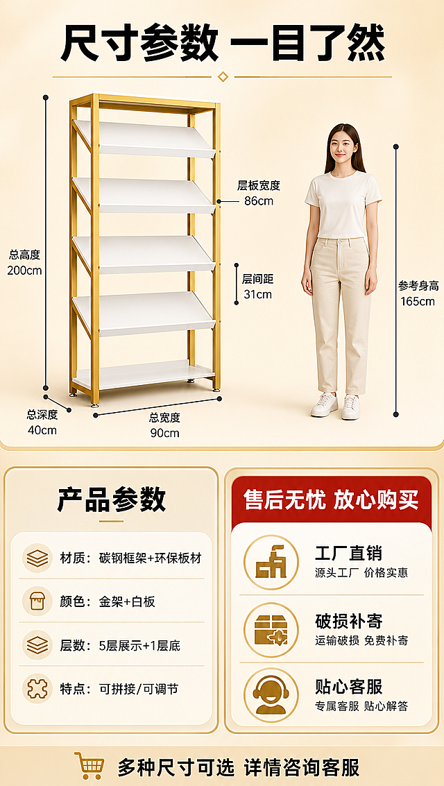 [商品] 使用【图1】轻奢金白多层展示货架；保留金色框架、白色层板、5层倾斜面+底层结构、可拼接设计；修复水印和文字标签。
[画面] 目标：规格参数与售后保障页。上下分栏，上半部分55%为尺寸标注图：货架单组侧面图，标注总高度、总宽度、层板宽度、层间距等关键尺寸（用合理比例标注，不虚构精确数值），旁边放一个小人参照物展示高度比例；下半部分45%为参数信息卡+售后保障区，左侧参数卡，右侧售后图标。背景为浅奶金色渐变。
[视觉] 套系策略：风格=拼多多接地气轻奢商业风；标题字=粗黑黑体大字报；正文字=清晰无衬线黑体；主色=暖金+奶白；背景延展=基于暖金和奶白做深浅层级渐变、细腻哑光质感；强调色=正红色，仅用于售后标题底、重点标签；标题色=深黑金；正文色=深灰；组件=圆角参数卡、尺寸引线、售后图标、红底白字标题条；光影=正前方均匀暖光，清晰明了。
[文字] 顶部主标题："尺寸参数 一目了然"；参数卡内容："材质：碳钢框架+环保板材"、"颜色：金架+白板"、"层数：5层展示+1层底"、"特点：可拼接/可调节"；售后区标题红底白字："售后无忧 放心购买"；下方3个图标+文字："工厂直销"、"破损补寄"、"贴心客服"。底部小字："多种尺寸可选 详情咨询客服"。文字全部横排。
[规格] 图片比例9:16竖版，4K分辨率，负向提示：避免变形、错字、文字过小、冷蓝灰背景、货架结构改变、虚假尺寸、极限词、平台Logo。