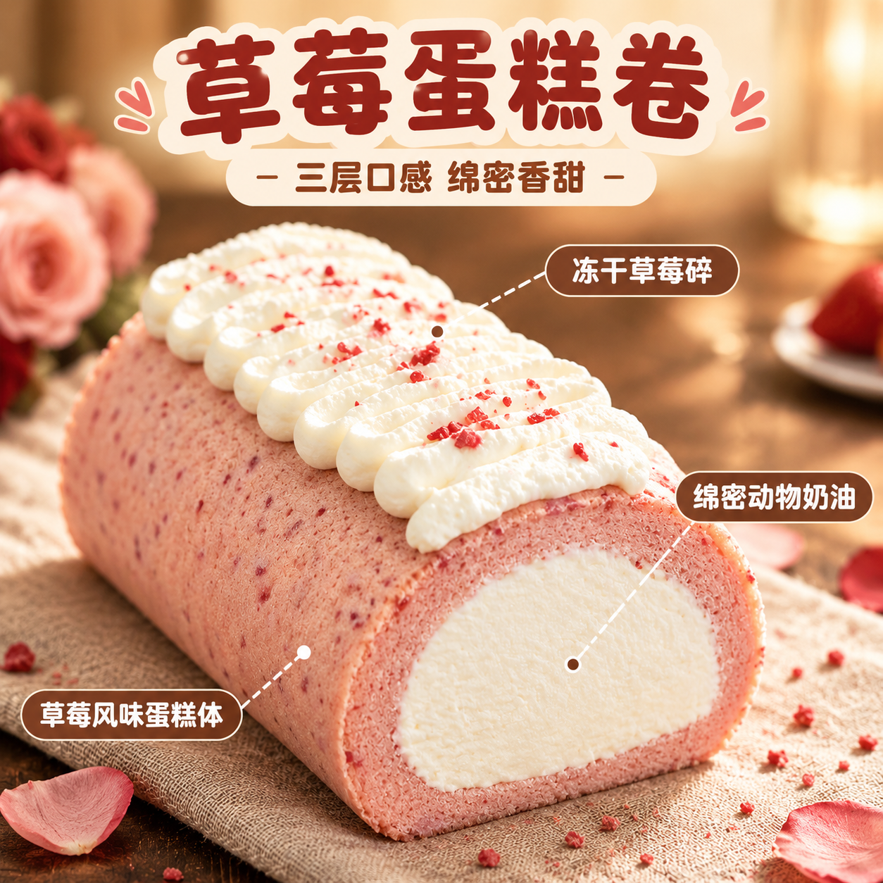 [主图-2] 草莓蛋糕卷细节卖点图，突出绵密奶油与草莓风味。… - 图片创意预览