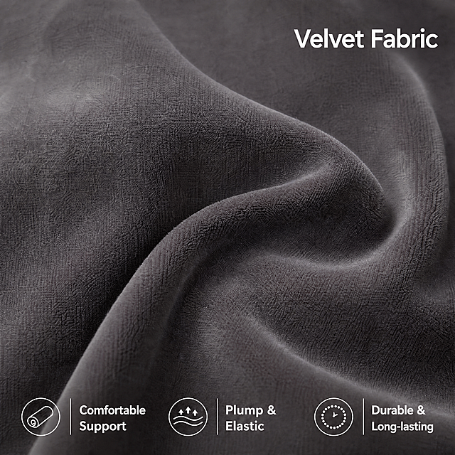 Convert all Chinese text to English: top title 'Swan绒 Fabric' (keep as 'Velvet Fabric' in English), bottom icons with English labels: 'Uniform Length' → 'Comfortable Support', '3D Filling' → 'Plump & Elastic', 'Shape Retention' → 'Durable & Long-lasting'. Keep product appearance, color, texture and background identical to input image. 1:1, 4K.
