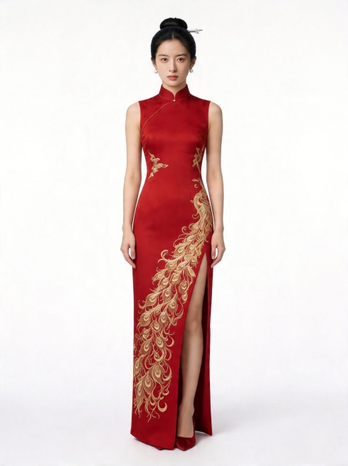 参考第二张图人物的五官和皮肤肌理，保持五官不动，保留皮肤真实肌理感，将服装换成第一张图的红色金线凤凰刺绣开叉长款旗袍，人物头发全盘起，佩戴小颗珍珠耳饰和简约银簪，无多余夸张饰品，生成人物全身站立图像，预览效果