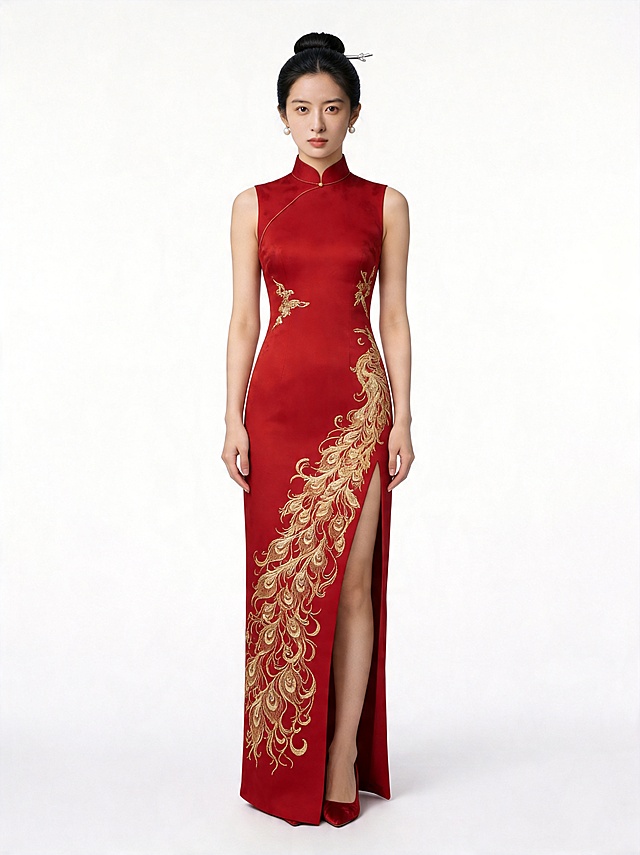 参考第二张图人物的五官和皮肤肌理，保持五官不动，保留皮肤真实肌理感，将服装换成第一张图的红色金线凤凰刺绣开叉长款旗袍，人物头发全盘起，佩戴小颗珍珠耳饰和简约银簪，无多余夸张饰品，生成人物全身站立图像，纯色白色背景，4K高清，写实摄影，光影均匀柔和