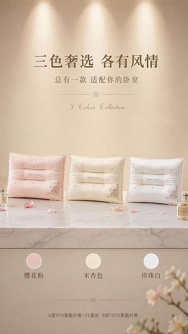[第9张] 详情页多色展示-米杏/珍珠白/樱花粉三色全家福矩阵。本张使用【图1】中三款颜色枕头作为商品主体。
[氛围/风格] 产品矩阵大片，高级陈列感，商业摄影，简洁大气，三色均衡展示。
[元素布局] 三款枕头横向并排陈列于白色大理石台面上，从左到右依次为：樱花粉、米杏色、珍珠白，每款枕头正面45°斜侧摆放，间距均等；每款下方对应一个小圆形色卡+色号名；背景为浅米色渐变墙面，顶部有三束聚光灯分别打亮三款枕头，台面上散落几片花瓣与香薰瓶点缀；三款枕头颜色、刺绣、结构均与输入图一致。
[光影质感] 顶部三束聚光灯分别打亮每款枕头，枕面高光明显，底部柔和投影，整体高级有层次。
[配色色系] 全局底色 #F7F2EB（暖米灰）；主色樱花粉、米杏、珍珠白；辅助色金色、深棕、大理石白。
[视角构图] 正面平视，三色横向对称排列，阅读动线顶部标题 → 中部三色产品矩阵 → 底部色号标注。
[文字版式] 顶部居中主标题「三色奢选 各有风情」，副标题「总有一款 适配你的卧室」，英文装饰「3 Colors Collection」；每款枕头下方对应色号名：「樱花粉」「米杏色」「珍珠白」，配小圆色色卡；底部一行小字「A版95%聚酯纤维+5%氨纶 B版100%聚酯纤维」。
[比例分辨率] 9:16竖版比例，4K分辨率，文字清晰可辨，高清画质。
[负向提示词] 枕头变形，颜色偏差，排列不齐，水印，文字错乱，背景杂乱。