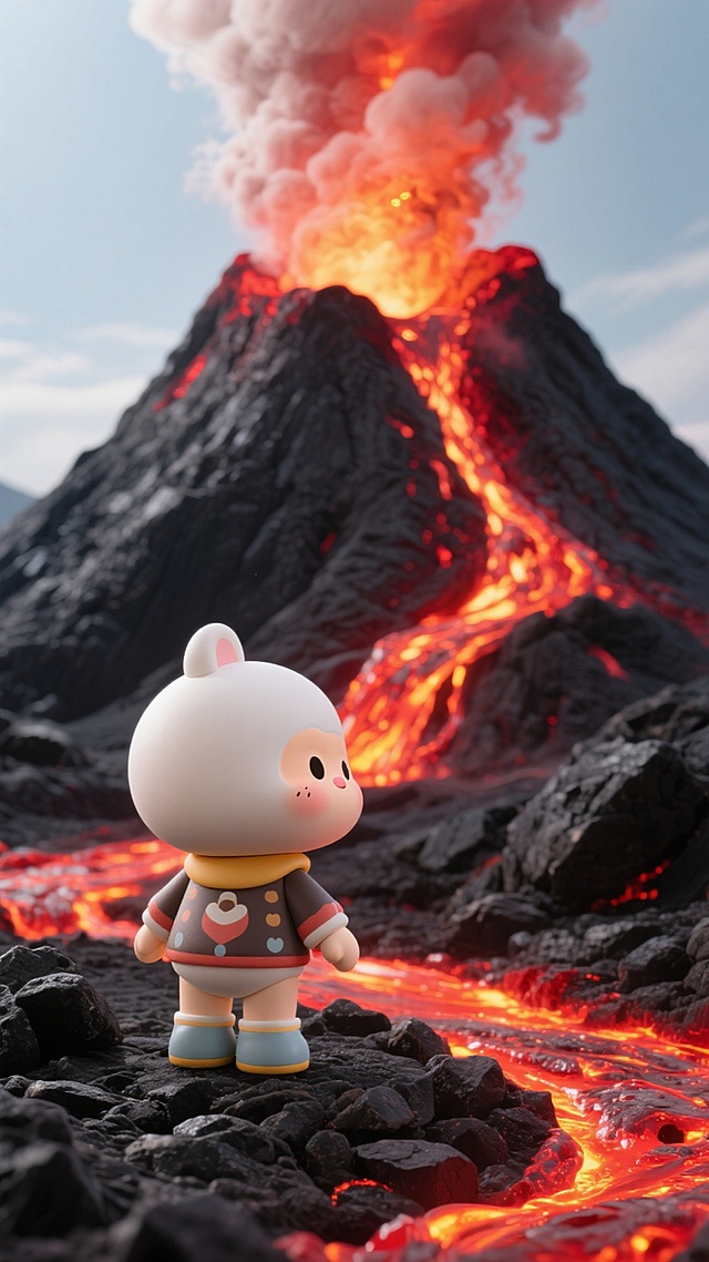 一只泡泡玛特拉布布玩偶，站在火山前