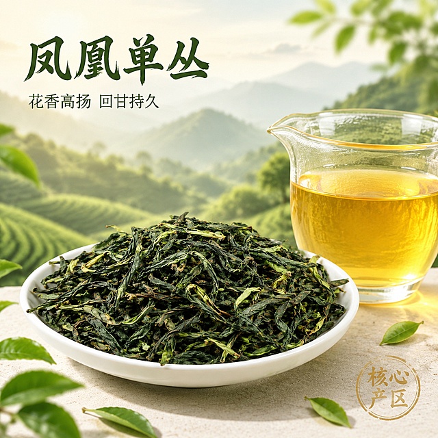 [主图-1] 凤凰单丛乌龙茶自然场景首图，突出干茶与茶汤的食欲感。
[氛围风格] 自然清新国风质感，营造山茶产地氛围感；
[画质] 商业摄影质感、光线柔和通透、茶叶清晰真实、画面干净高级。
[元素] 前景是白瓷盘盛放干茶，干茶条索壮实完整，颜色深绿带浅黄边，保持凤凰单丛干茶外观（物理结构、材质质感、颜色）与输入产品图绝对一致，杜绝任何变形和色差，精细化处理；右侧搭配玻璃公道杯盛放金黄透亮茶汤，杯壁通透显茶汤色泽；背景融入淡绿色远山茶园，朦胧自然，不抢主体；散落几片新鲜茶叶做点缀，商品主体占比严格控制在65%左右，画面满屏无边框。
[光影] 自然暖阳逆光，从侧后方打光，凸显干茶纹理与茶汤通透感，光线柔和不生硬，阴影过渡自然，整体通透不灰蒙。
[配色] 主色调为自然嫩绿、浅米白，辅助色为茶汤金黄，整体清新雅致，和谐通透。
[视角构图] 平视视角，焦对准干茶，浅景深突出主体，轮廓完整不裁切。
[文字版式] 左上负空间左对齐留安全边距，大字粗体国风书法文字写"凤凰单丛"，墨绿色粗体字清晰可读；下方小字辅助写"花香高扬 回甘持久"，约一半字号，同色系浅一些；右下方圆形浅金印章写"核心产区"，文字不遮挡主体。
[输出要求] 1:1比例，文字清晰锐利，超高清商业摄影质感。
[负向提示词] 变形，文字错乱，茶叶模糊，背景杂乱，水印，电商平台Logo。