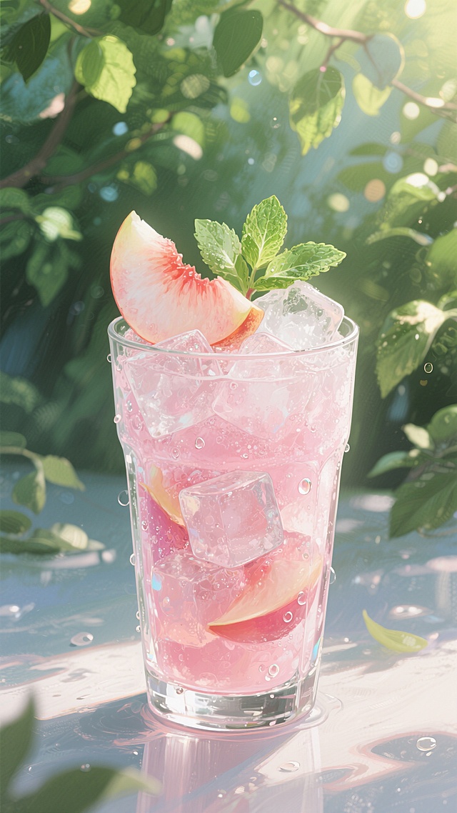 水蜜桃沙冰特写，粉色果肉与透明冰块堆叠在玻璃杯中，杯壁凝结水珠，背景有绿叶和阳光光斑，顶部点缀水蜜桃切片与薄荷叶