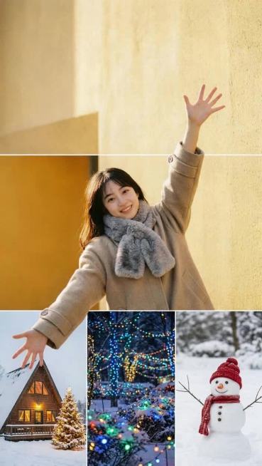 人物穿米色廓形大衣、灰兔毛围巾，面向镜头微笑。下面一层为三宫格冬季雪天场景，三宫格的高度完全相等：第一张是冬季木屋场景，屋外有一颗圣诞树；第二张为冬季户外场景，有很多节日彩灯；第三张为冬季户外雪地场景预览效果