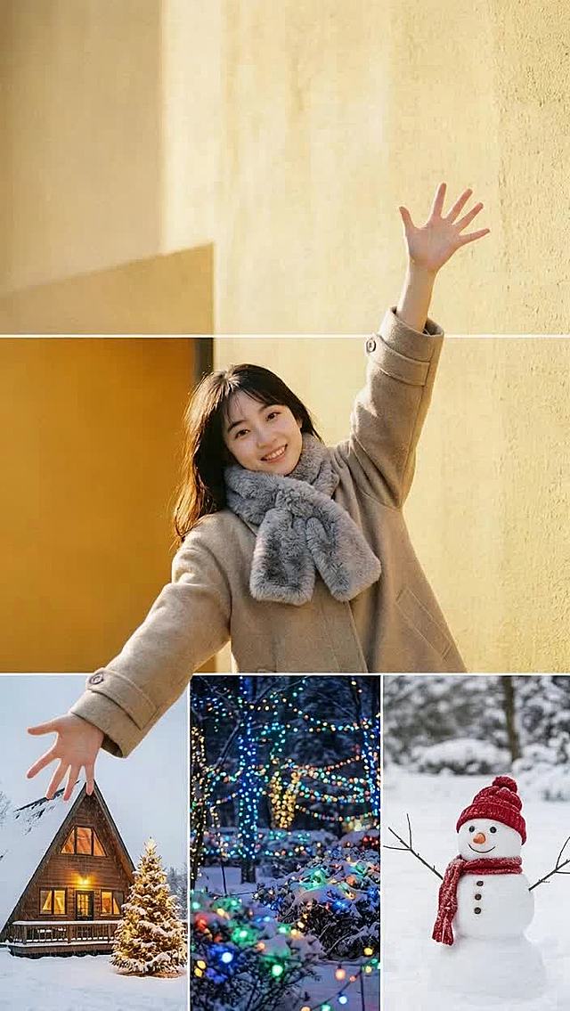 温馨冬日氛围，梦幻雪景与卡通雪人交织，拟人化手势传递可爱感，实景与粒子飘雪融合，营造节日温暖。