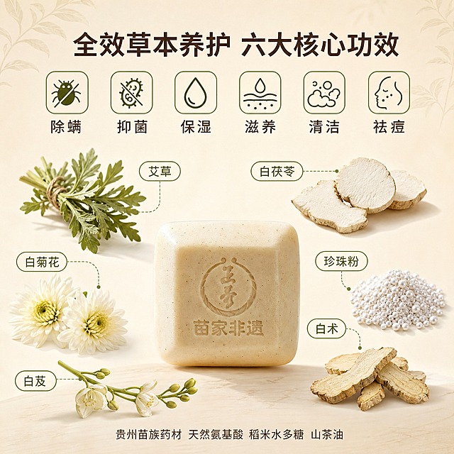 [主图-2] 核心功效与成分解析，展示六大功效与苗族草本成分。
[统一基调] 整体风格为天然草本温润质感，背景主色为米白奶油色搭配浅木色与淡绿色点缀，标题字色为深棕褐色，辅助字色为暖灰色，强调色为草本橄榄绿，字体为干净优雅的非衬线体，字号层级分明，卡片与图标采用圆角细线简约样式。
[画面] 产品（七白草本润肤皂，米黄色带细微颗粒的方形皂体，正面有圆形浮雕logo和"苗家非遗"字样）位于画面下方中央，占画面约35%，正面微仰视角。皂体上方和两侧环绕悬浮着六味中药材原料的真实形态：一小束艾草、几片白茯苓切片、一小堆珍珠粉、几片白术切片、一小枝白芨、几朵白菊花，每种成分用细线引出标注。画面上半部分左右排列六个圆角小图标，分别对应六大核心功效：除螨、抑菌、保湿、滋养、清洁、祛痘，每个图标下方有对应文字。背景是浅米色带细微草本纹理的渐变背景。
[光影质感] 商业摄影质感，均匀柔和的顶光，产品和成分都有自然的光泽和立体感，悬浮成分有轻微的投影，整体通透干净，成分真实可辨。
[配色] 主色调米白奶油色 + 草本绿色 + 药材自然色，皂体保持原有的米黄色带褐色细颗粒外观，图标用橄榄绿色填充，文字深棕褐色。
[文字版式] 顶部居中大标题"全效草本养护 六大核心功效"。六个功效图标均匀分布在标题下方，每个图标下方两个字的功效名称。皂体上方的六味药材各有细线引出的小标签，标注药材名称。底部产品下方小字"贵州苗族药材 天然氨基酸 稻米水多糖 山茶油"。所有文字采用同一种非衬线字体，标题加粗。
[输出要求] 比例1:1，文字清晰可读，产品清晰完整不变形，成分真实自然，无错字，画面干净不杂乱，无水印，无平台Logo。禁止皂体变形、颜色偏差。