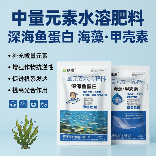 淘宝电商主图，展示B剂海藻甲壳素功效：补充微量元素增强抗逆，产品包装展示，蓝色品牌风格，1:1比例预览效果
