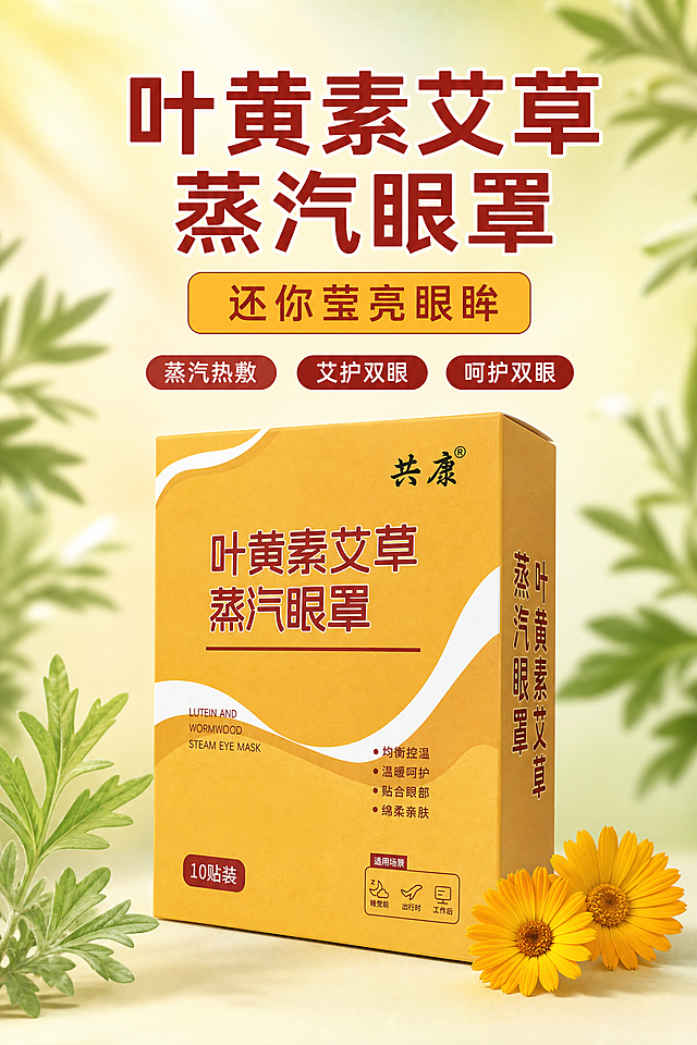 第 1 屏 首屏主视觉 KV
严格还原上传产品参考图，精准复刻包装设计、产品配色、LOGO 位置及比例、文字内容及字体、图案元素及细节，无任何偏差，色彩无失真
产品与画面中其他物体（道具、手持模型、场景元素等）的比例遵循真实物理空间逻辑，视觉协调，比例还原 1:1，杜绝比例失衡、视觉突兀
画面比例为 2:3 竖版
主标题："叶黄素艾草蒸汽眼罩"
副标题："还你莹亮眼眸"
信息布局：主标题位于画面上 1/4 处居中排列，朱红色加粗大字；副标题在主标题正下方，为黄底红字矩形标签样式居中；画面中心偏下位置居中放置完整产品外盒，外盒右下角点缀 2 朵盛开的黄色金盏花；画面左右边缘点缀虚化的绿色艾草叶片装饰；主标题下方横向排列 "蒸汽热敷、艾护双眼、呵护双眼" 三个小字红色标签
排版形式：上下居中对称式排版，顶部为标题区，中部为产品核心展示区，底部保留适度留白，视觉重心稳定集中
设计细节：整体为中式草本养生风格，主色调暖姜黄色 + 薄荷浅绿色渐变背景，点缀朱红色文字；柔和漫射顶光，产品底部带有自然浅投影，光影过渡自然；字体统一为简约无衬线字体，标题字重加粗；画面高清，干净通透无噪点