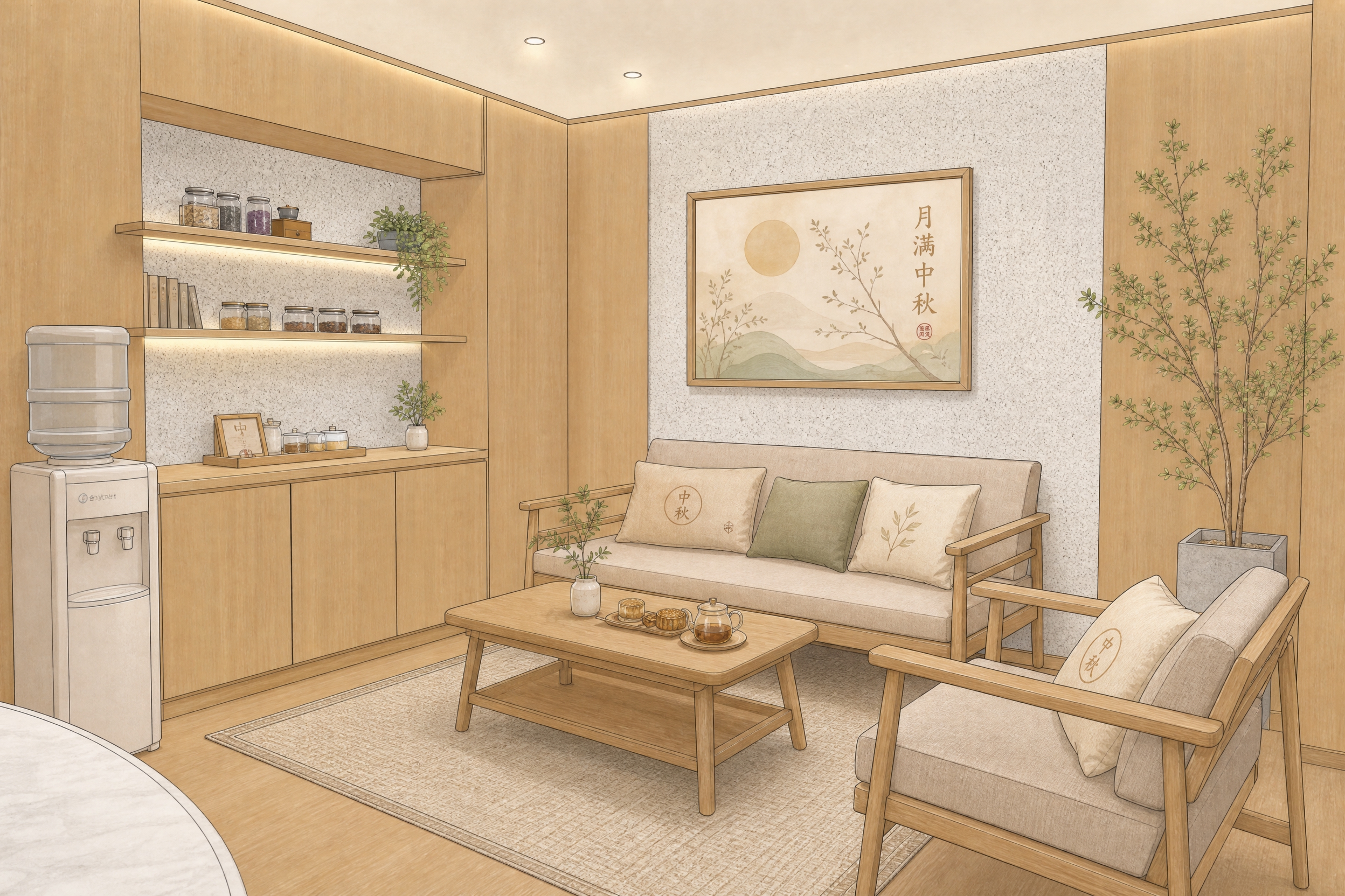 参考以上所有图片的日式原木风、暖色调、木质+水磨石的材质搭配、… - 图片创意预览