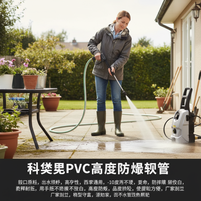 这张图片是产品主体这款产品是科麦罗PVC高压防爆软管  我需要设计10张主图在拼多多上面售卖    主图产品不变 可以用  水管洗车 等场景进行主图场景布局设计一个高级一些主图文案内容 进口原料 出水预览效果
