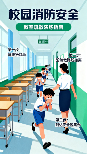 消防知识科普海报，统一扁平化插画风格，主题：校园消防安全，包含教室疏散演练，简约干净，色块分明，科普宣传向预览效果