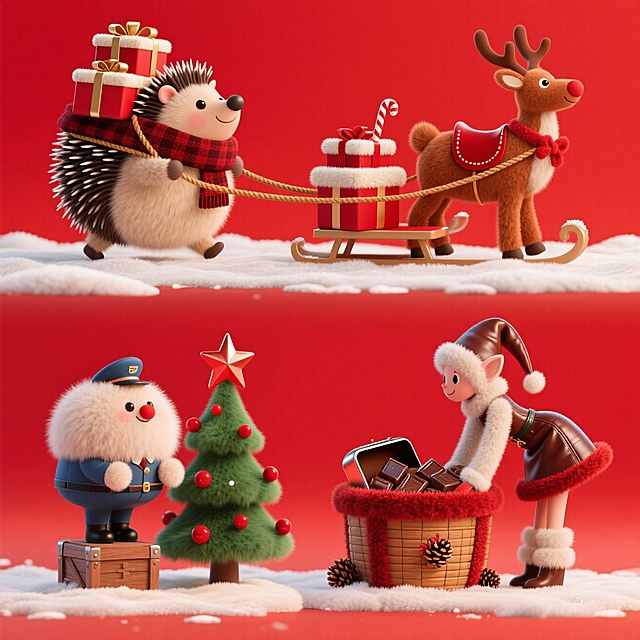 4个圣诞元素，上下两行对齐排列。1.戴暗红格纹围巾的小刺猬，背驮叠放系深金绳的圣诞礼盒，正缓步踏雪 | 2. 赤褐驯鹿系红绒鞍鞯，弓背拉载满酒红与米白礼盒、插焦糖棒的雪橇，尾巴轻扫雪面
3.圣诞邮差踮脚踩木箱，将红铜星星挂在缀红果的杉树顶 | 4. 皮裙精灵俯身，在饰暗红绒边、松果刺绣的巨型皮质礼物篮旁，整理装巧克力的铁盒。红色背景。