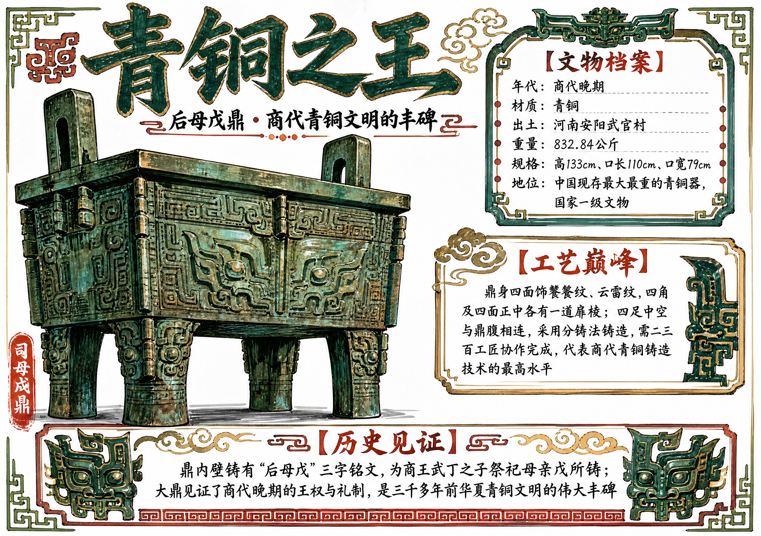 一张A4横版历史文物手抄报，主题为后母戊鼎（司母戊鼎），白底马… - 图片创意预览