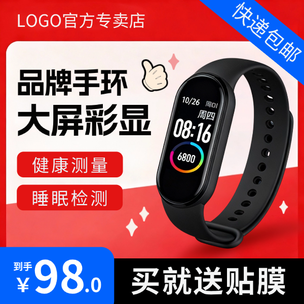 红色扁平风智能手环年终购物节产品展台打折促销电商主图预览效果