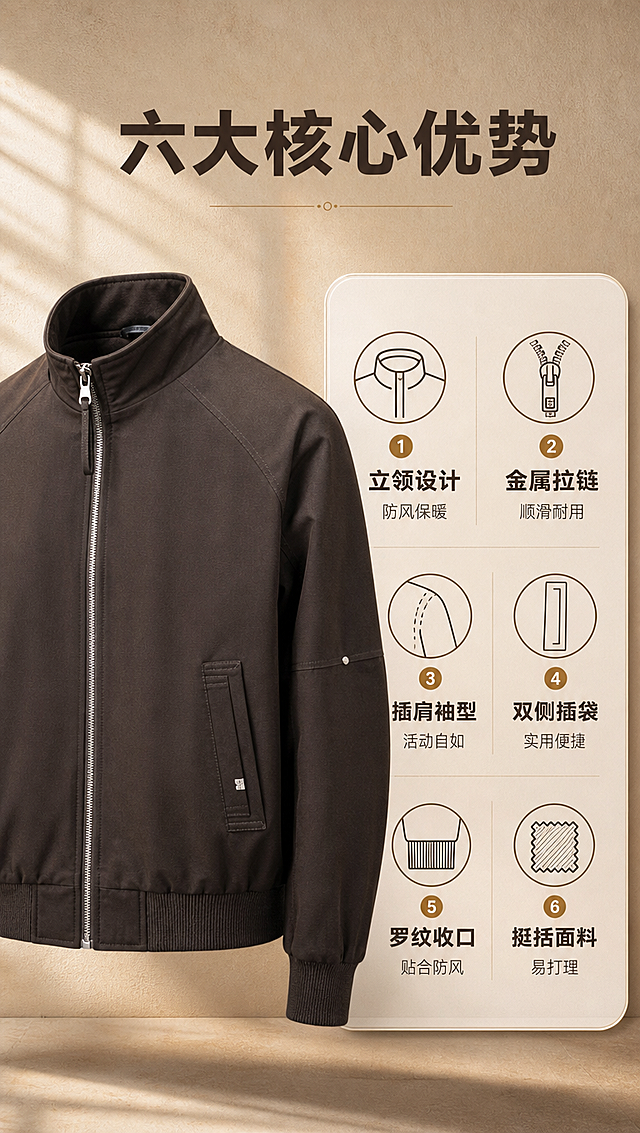[商品] 使用【图1】深棕色立领拉链夹克；商品处理：保留立领、金属长拉链、插肩袖、双侧插袋、罗纹收腰与袖口、铆钉装饰细节、深棕颜色和挺括面料；自然去除衣身杂乱褶皱，理顺垂坠，增强面料纹理、缝线、拉链和五金高光质感，不改变版型和结构。
[画面] 页面目标：6大核心卖点总览，快速传递产品优势。构图：左侧夹克半身展示（占画面40%），右侧上下排列3组卖点图标+文字，共6个卖点分两列排布。景别：中景展示夹克上半身。前中后景：前景奶白色圆角信息卡承载卖点，中景夹克侧身立放，背景暖米色肌理墙面+柔和侧光。阅读动线：从左到右再向下。
[视觉] 套系策略：风格=都市轻复古商业摄影风，暖棕调高级质感；标题字=现代无衬线粗体，字重Bold；正文字=简洁无衬线体，字重Regular；主色=深棕/焦糖棕；背景延展=基于暖棕调做深浅层级、同色渐变和细腻纸张/织物质感；强调色=奶白色+古铜金，仅用于小面积图标、引线、标签和局部高光；标题色=深炭棕；正文色=中暖棕；组件=圆角浅棕信息卡、细古铜色引线、奶白标签；光影=左前侧暖柔光，柔和自然阴影。
[文字] 顶部主标题「六大核心优势」。6个卖点配简约线性图标：1.立领设计 防风保暖 2.金属拉链 顺滑耐用 3.插肩袖型 活动自如 4.双侧插袋 实用便捷 5.罗纹收口 贴合防风 6.挺括面料 易打理。文字位于右侧信息卡内，横排，层级清晰。
[规格] 图片比例9:16竖版，4K分辨率，负向提示：避免变形、错字、文字过小、冷蓝/蓝灰背景、衣服颜色改变、版型失真、白底孤立、极限词、平台Logo。