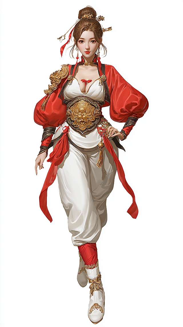 Game character illustration of female swordsman, Japanese anime thick painting style, delicate character original painting, delicate coloring, soft light and shadow, high completion, full body front view, improved Chinese clothing with red and black color matching, high stand-up collar lantern sleeve top, wide gold carved waist seal, exposed waistline, gold wrist guard and red ribbon on cuffs, red and black color matching tight pants, white gold embroidered short boots, hair bun with gold hair accessories, red drop earrings, eastern beauty with cool temperament, clean and sharp lines, game original painting texture, pure white background