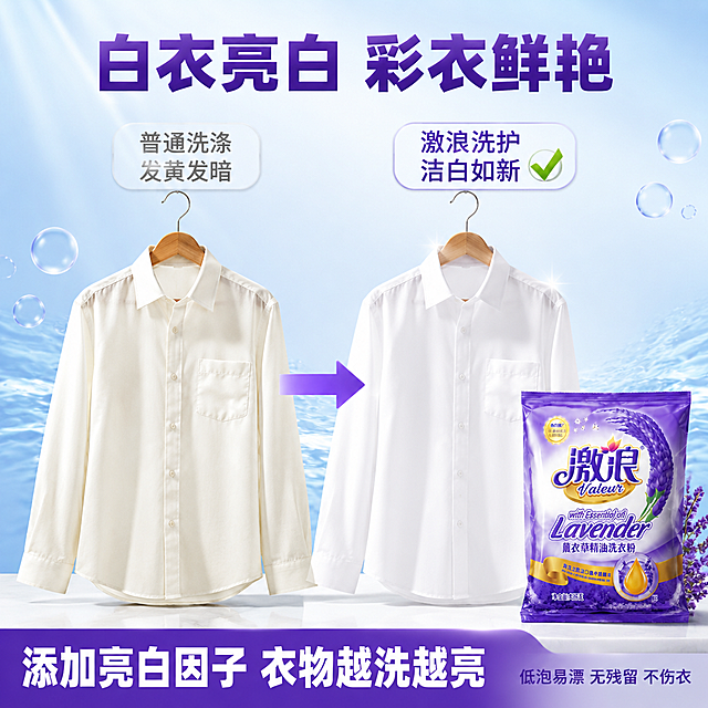 [主图-16] 激浪薰衣草精油洗衣粉白衣亮白效果展示图
[氛围风格] 洁净亮白感 对比鲜明 清爽通透
[画质] 商业摄影质感 衣物洁白真实 画面干净高级
[元素] 画面左右对比展示白衣洗涤效果。左侧 一件略显发黄发旧的白色衬衫 挂在衣架上 旁边标注普通洗衣粉洗涤。右侧 同一件白衬衫洁白如新 光亮有质感 旁边放激浪薰衣草精油洗衣粉 产品外观与输入图一致 占比约30%。中间用箭头连接 表示使用激浪后的变化。背景为纯净浅蓝渐变 有水波纹和气泡装饰 增强洁净水感。底部有白色台面 衣物有自然投影。
[光影] 顶部均匀柔光 白色衣物受光均匀 亮白侧有轻微轮廓光增强质感 整体通透明亮 洁净感强
[配色] 主色调洁净白+浅蓝 辅助色薰衣草紫+金色 清爽亮白
[视角构图] 正面平视 左右对比构图 视觉重心在白衣亮白效果上 对比鲜明
[文字版式] 顶部主标题"白衣亮白 彩衣鲜艳" 深紫色粗体大字 居中。左侧上方标签"普通洗涤 发黄发暗" 灰色字。右侧上方标签"激浪洗护 洁白如新" 深紫色字配绿色对勾。底部大字"添加亮白因子 衣物越洗越亮" 白色粗体字紫色底条。右下角补充"低泡易漂 无残留 不伤衣" 浅紫色小字
[输出要求] 1:1比例 文字清晰可辨 超高清商业摄影质感
[负向提示词] 变形 文字错乱 产品模糊 背景杂乱 水印 电商平台Logo 多余手指