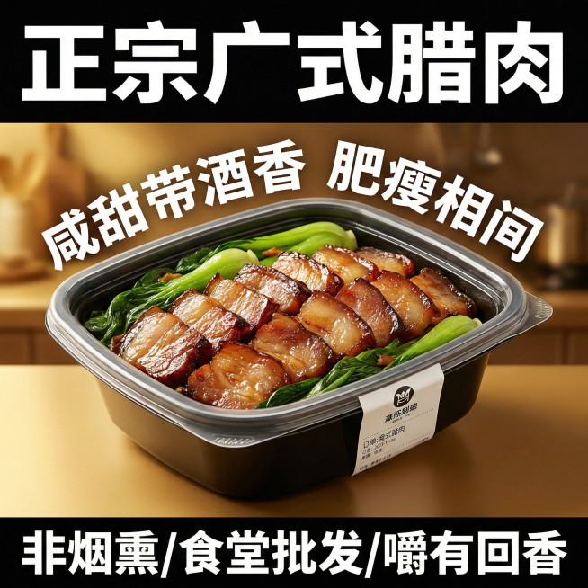 这张图片是产品主体这款产品是广式腊肉 我需要设计20张主图在拼多多上面售卖    主图场景布局可以用厨房 炒腊肉 腊肉细节等设计一个高级有食欲一些主图文案内容 正宗广式腊肉 厂家直销 新鲜现货 咸甜相预览效果